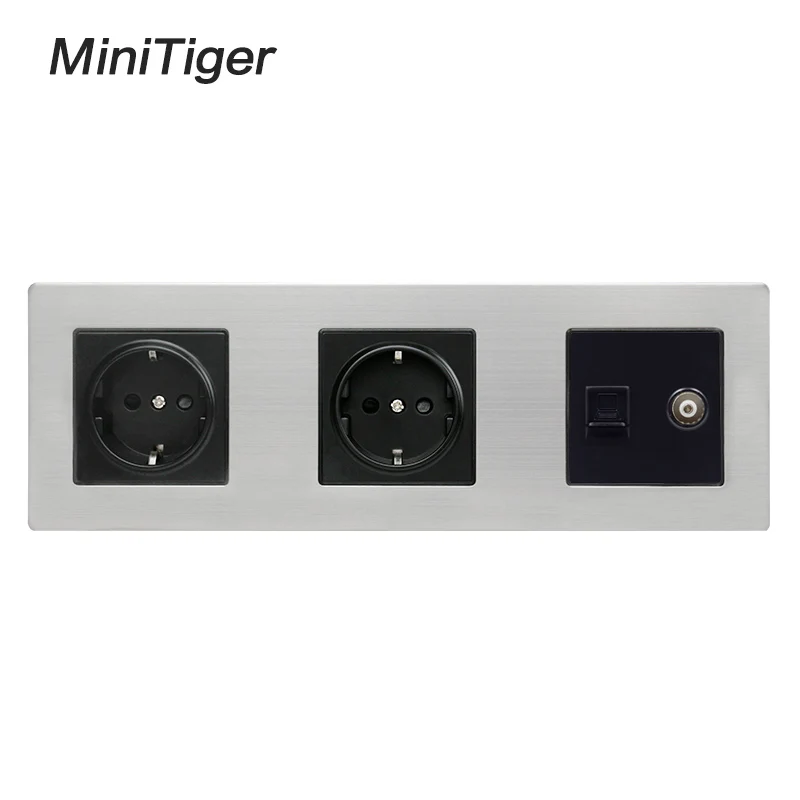Minitiger нержавеющая сталь панель двойная розетка 16А ЕС + женский ТВ разъем с RJ45 CAT5E