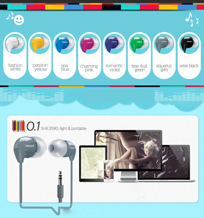 Philips SHE3590 профессиональные наушники-вкладыши с многоцветным выбором стерео Бас Наушники Проводная гарнитура для huawei xiaomi