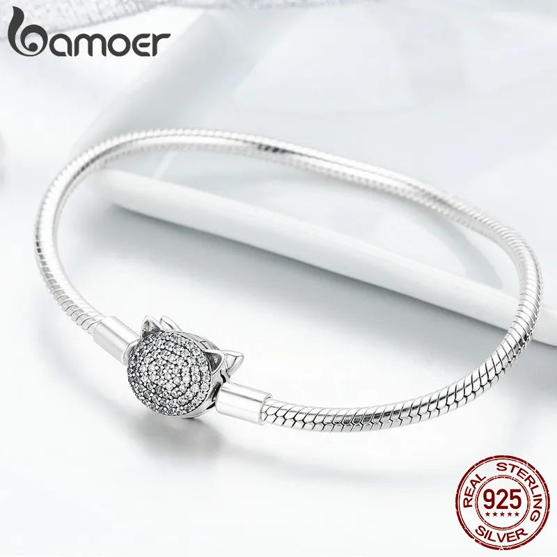 BAMOER 925 пробы серебряный милый кот сверкающий CZ змеиная цепочка браслеты для женщин ювелирные изделия из стерлингового серебра SCB053