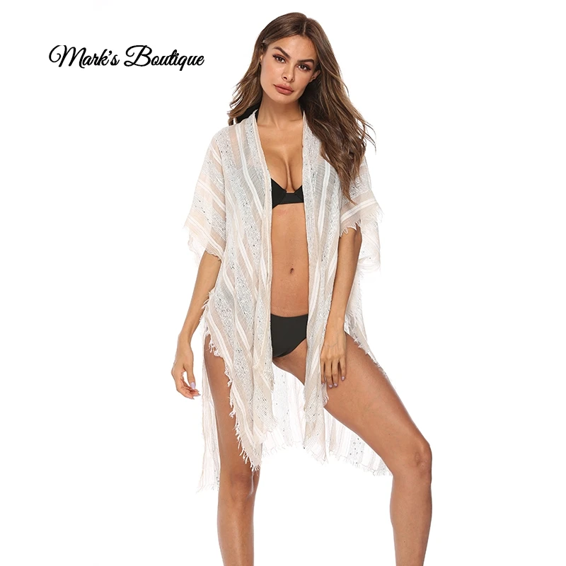 2019 Пляжная накидка вязаная крючком с кисточками завязками туника длинное парео