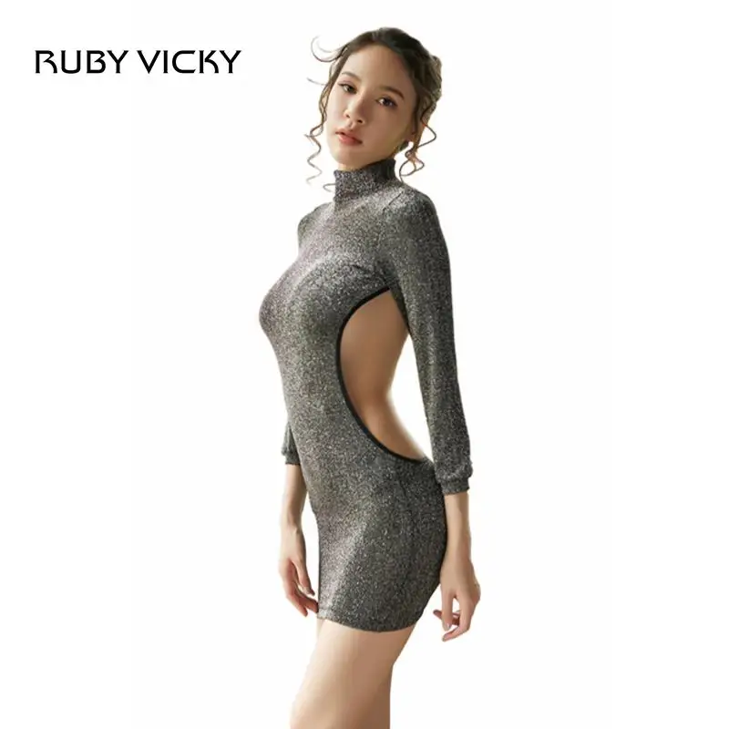 RUBY VICKY Новое поступление женские Базовые платья Vestidos Сексуальное Серебряное платье с открытой спиной открытое облегающее Клубное платье Вечерние - Цвет: Черный