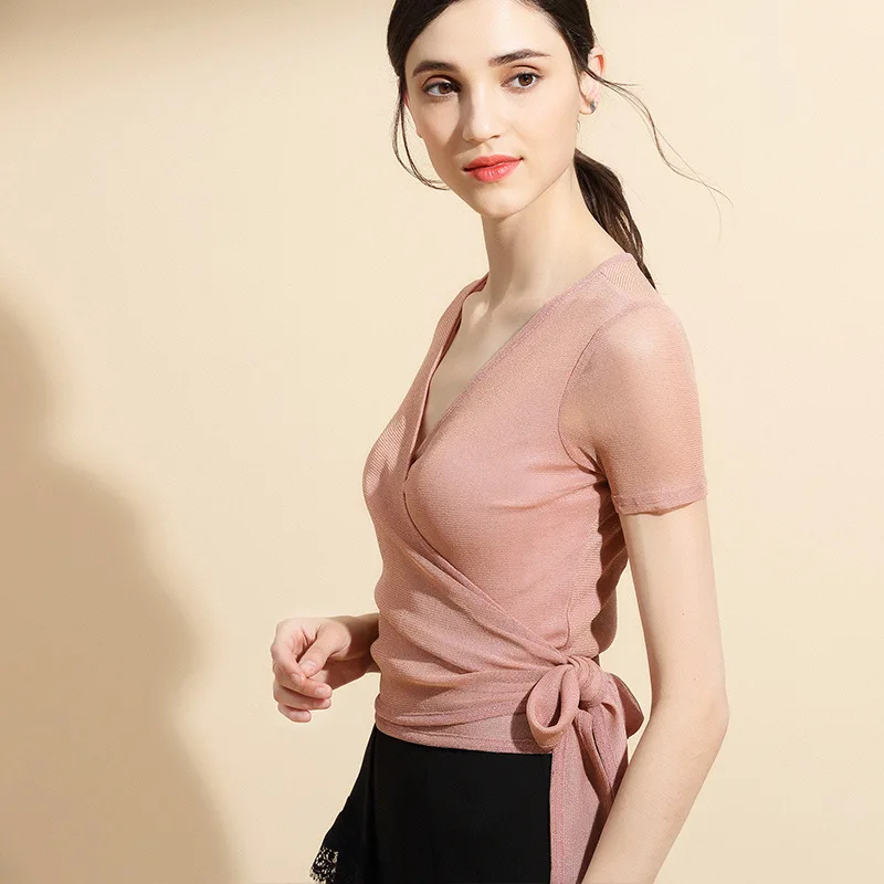 Женская танцевальная Блузка с V-образным вырезом женская рубашка коротким