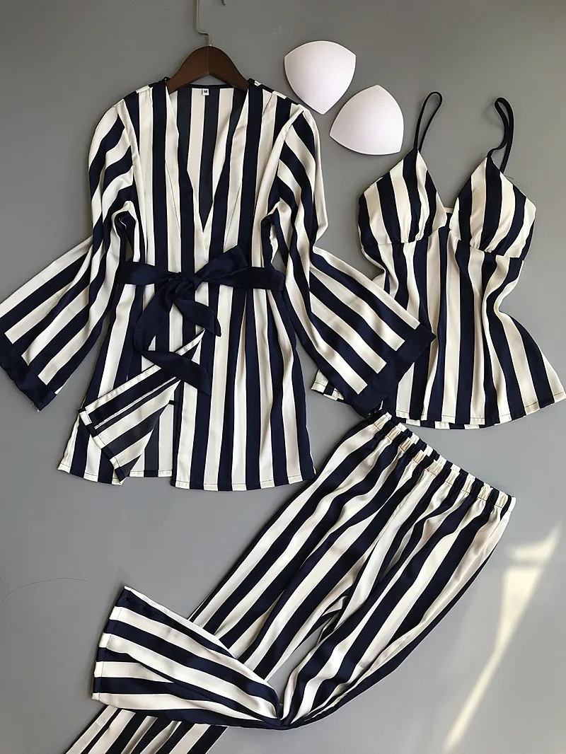 ZDFURS*Women Pajamas Set Satin Sleepwear 3 Pieces Spaghetti Strap Stripe Parttern Sexy Lingerie Silk Pijama Home Clothing Pyjama