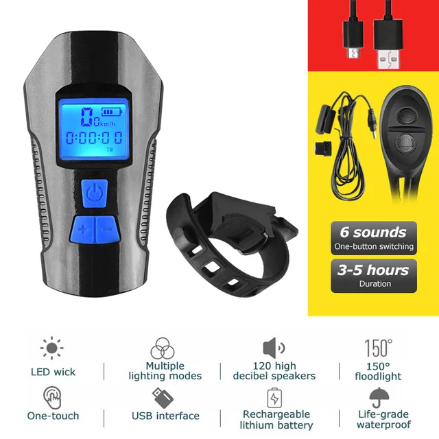 black-blue 4 режима USB велосипедный светильник и велосипедный компьютер 6 режимов Рог вспышка светильник велосипедный Спидометр светодиодный передний светильник s велосипедный головной светильник - Цвет: black-blue