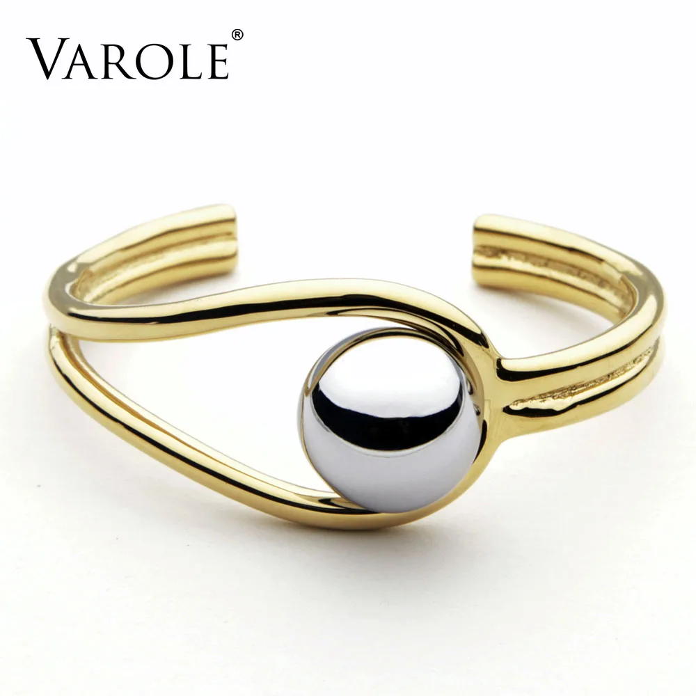 Gold VAROLE, двойная линия, большая шаровая манжета, браслет, браслет для женщин, маншет, золотой цвет, браслеты из нержавеющей стали, металлический браслет Pulseiras - Окраска металла: Gold