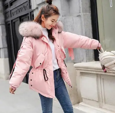 pink Rlyaeiz модная зимняя куртка для женщин искусственный мех енота воротник зимнее пальто женские парки с капюшоном теплая куртка женская верхняя одежда - Цвет: pink