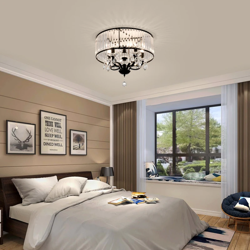 Винтажный железный черный потолочный светильник led хрустальный абажур