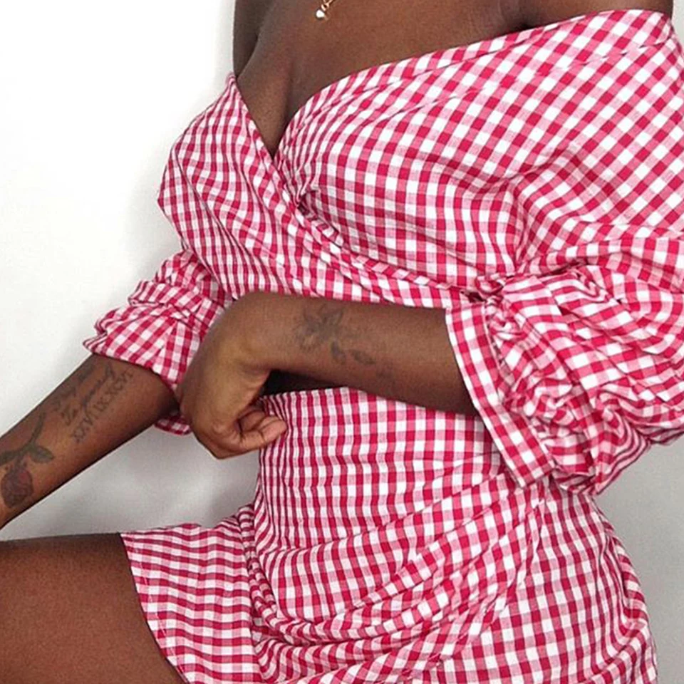

Summer Sexy 2 Piece Set Plaid Dress Crop Top With Skirt Long Sleeve Two Piece Skirt Set Matching Sets Female Outfits