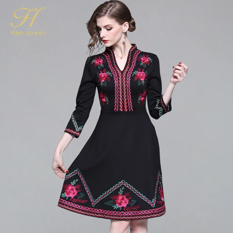 black H Han queen,, весеннее винтажное богемное платье с цветочной вышивкой, ТРАПЕЦИЕВИДНОЕ женское большое Свободное платье, повседневное тонкое офисное платье - Цвет: black