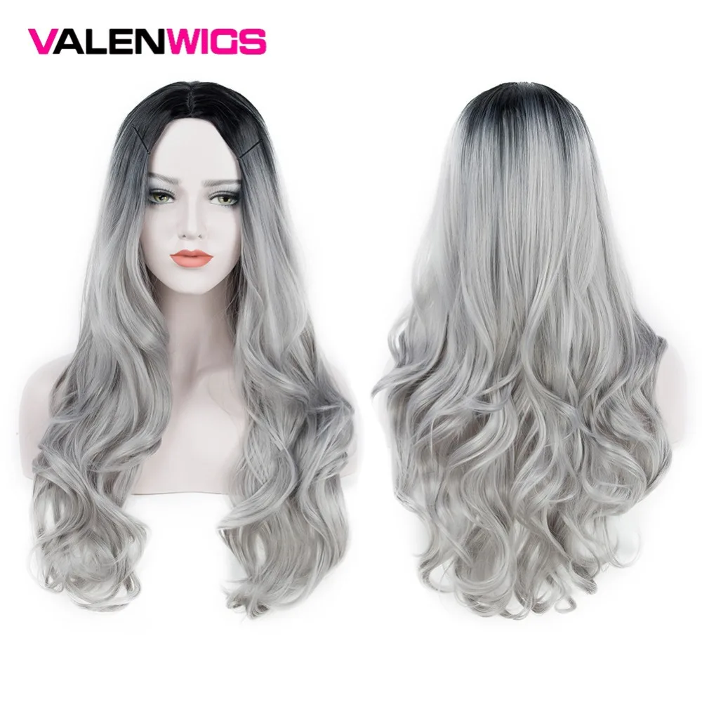 

Парик ValenWigs с эффектом омбре, двухцветные синтетические парики от черного до серебристо-серого цветов, термостойкие длинные волнистые воло...