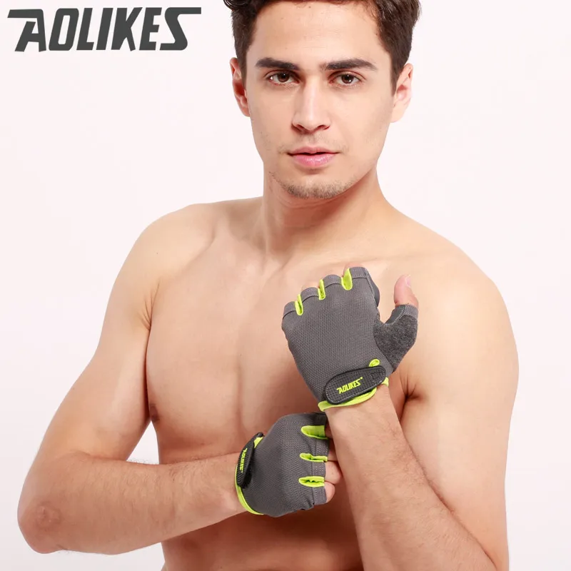 green AOLIKES 1 Пара Противоскользящие дышащие перчатки для тренажерного зала Бодибилдинг тренировочные спортивные гантели фитнес-упражнения перчатки для тяжелой атлетики - Цвет: green