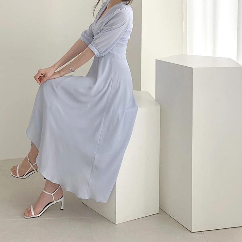 RealShe Fashion Women Dress Ladies V Neck Half Sleeve Button Solid White Dress Robe Ladies Summer Elegant Casual Long Dresses