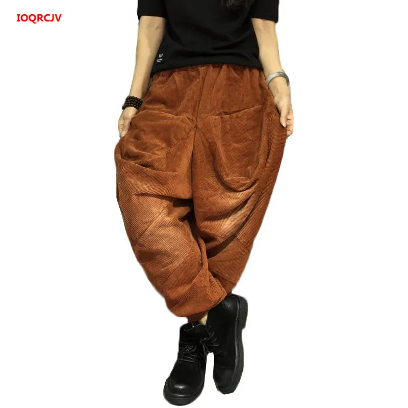 

Autumn Winter Cross-pants Elastic waist Women Corduroy Pants Vintage Thicken Lady Loose Harem Trouser Wide Leg Pants Plus Size