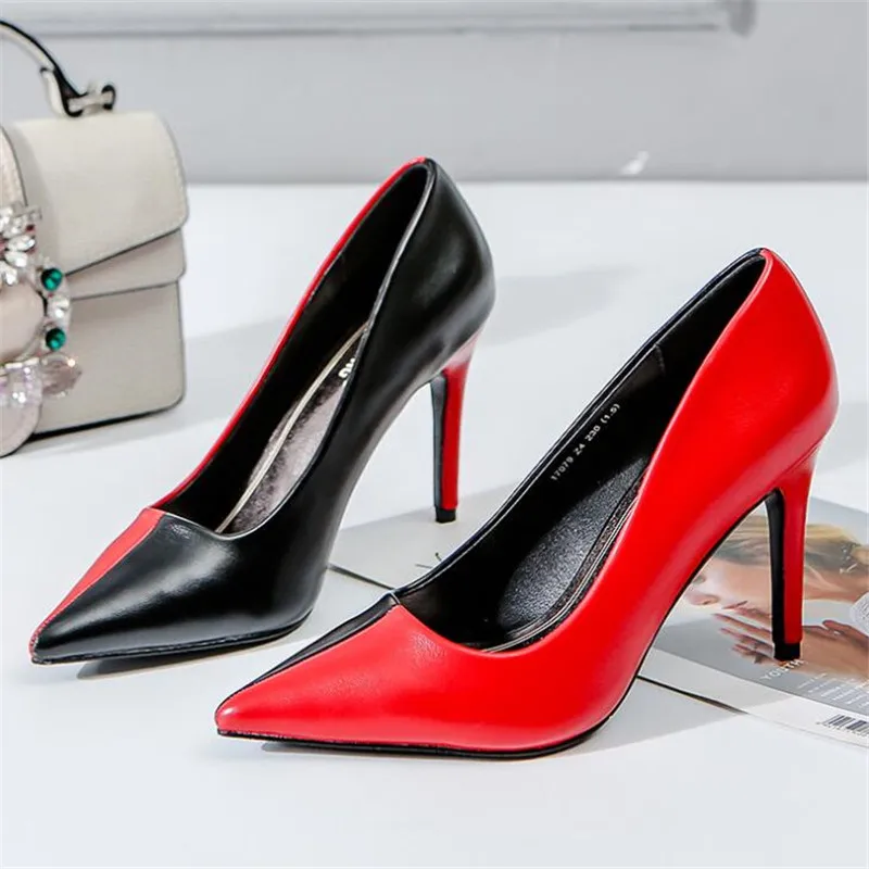 

Туфли-лодочки женские на высоком каблуке 9 см, Классические пикантные свадебные туфли из искусственной кожи с острым носком, на тонком каблу...