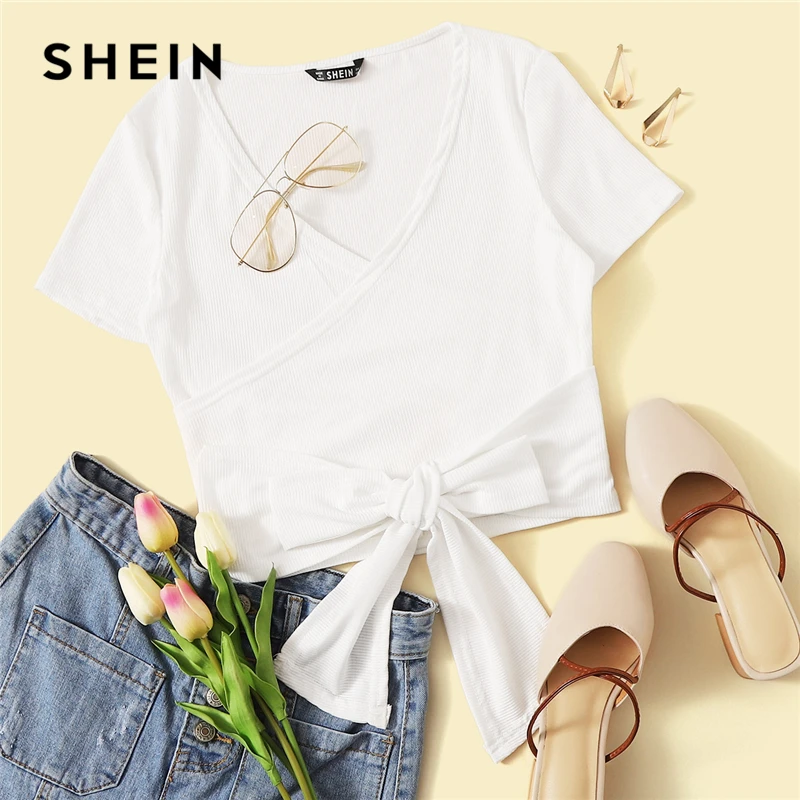 SHEIN, сексуальный облегающий топ с глубоким v-образным вырезом и поясом, женская летняя Элегантная футболка с коротким рукавом