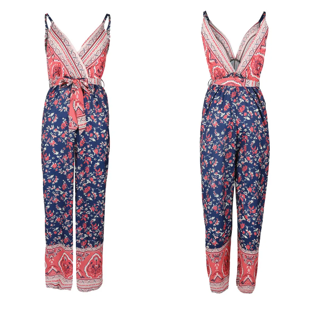 Летний комбинезон с принтом в стиле бохо завязками на талии женское сексуальное