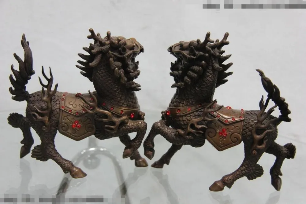 Фиолетовый медный фэн-шуй злой Foo Dogs Лев Дракон Кирин Килин Статуя Пара | Дом и сад