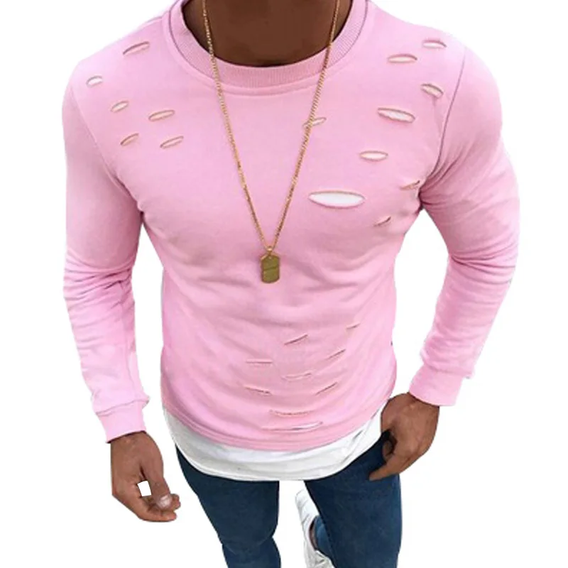 

Nice New Spring Fake Two Pieces Hole Irregular Mens T-Shirt Good Quality Patchwork Elastic Long Sleeve Male Solid O-Neck Tshirt