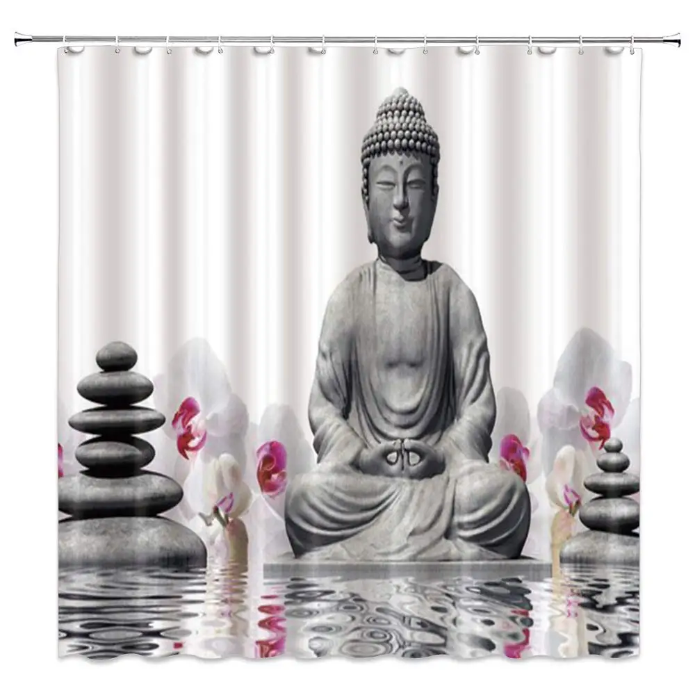 Будда занавеска для душа Декор Shakyamuni водяные стопки булыжников красные белые