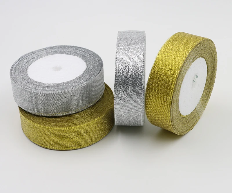 High Quality 5/8" 3/4" (20мм) 1" (25мм) 1-1/2" (40мм) Органза серебряная золотая глиттерная лента для свадебного ремесла.