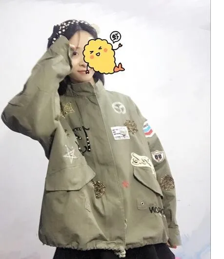 Women Cotton Jacket Coat Fashion Women Bomber jacket Embroidery Applique Rivets Oversize Women Coat Army Green Cotton Coat