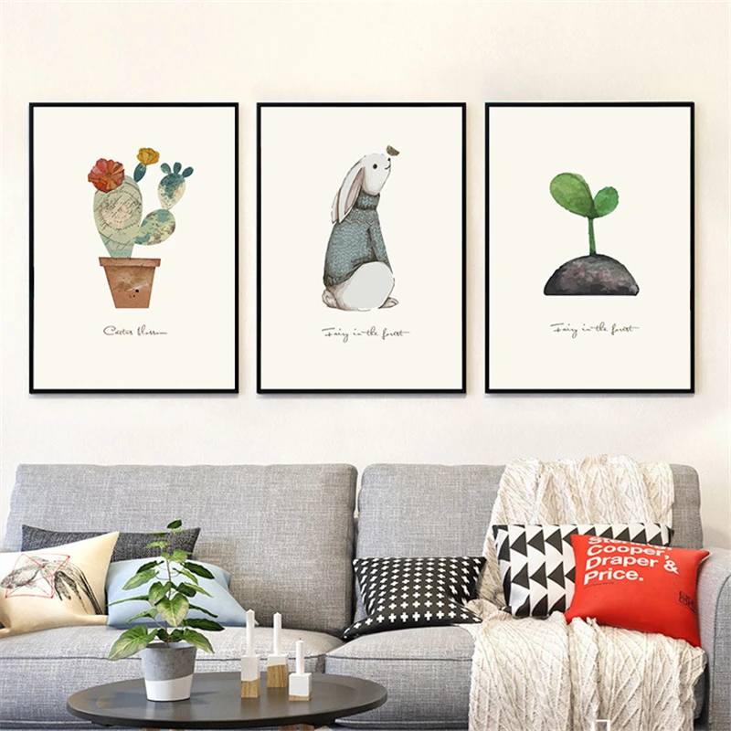 Акварель лес животные кролик кактус растение холст картина искусство печать