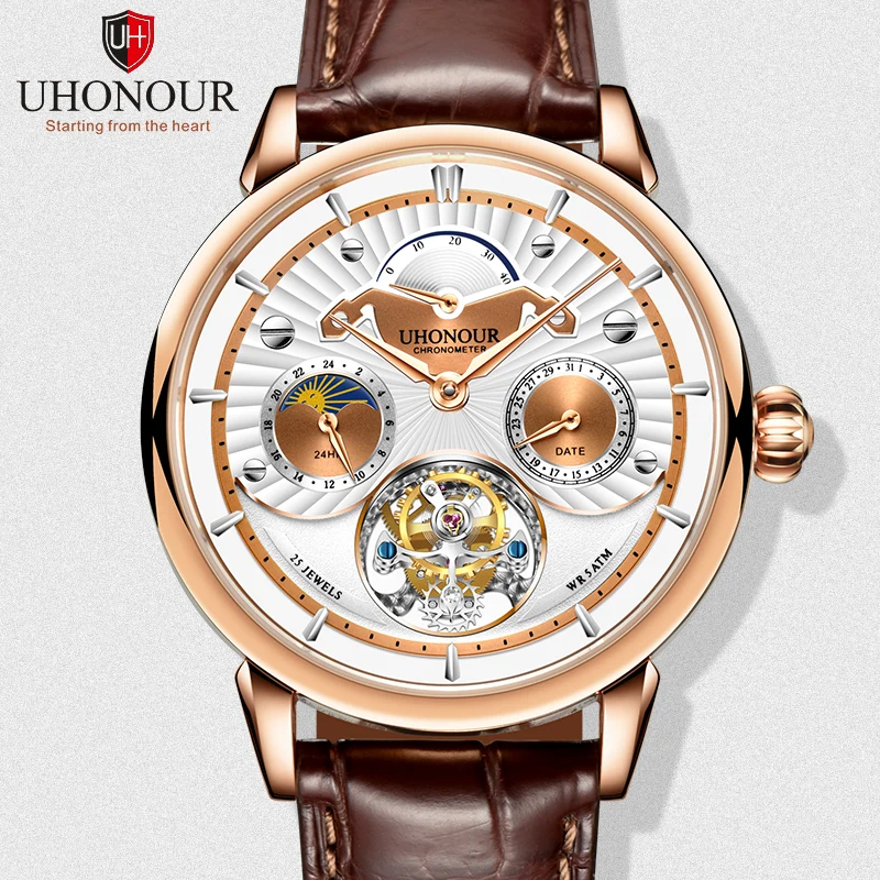 Rose Gold Dial Brown Лидирующий бренд, многофункциональные мужские часы с полым турбийоном, роскошные часы с сапфировым циферблатом, фазой Луны, календарем, мужские часы, настоящие ST8007, 24 часа - Цвет: Rose Gold Dial Brown