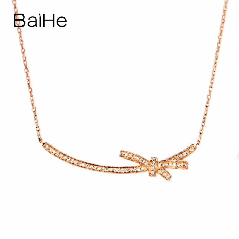 

BAIHE Solid 18K Rose Gold 0.16ct H/SI Natural Diamond Sweet Beauty Bowknot Necklace Women Daily Trendy Fine Jewelry Collar lazo
