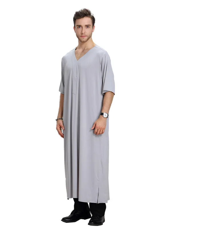 Летняя мужская муслимская кафтановая одежда эластичная с коротким рукавом