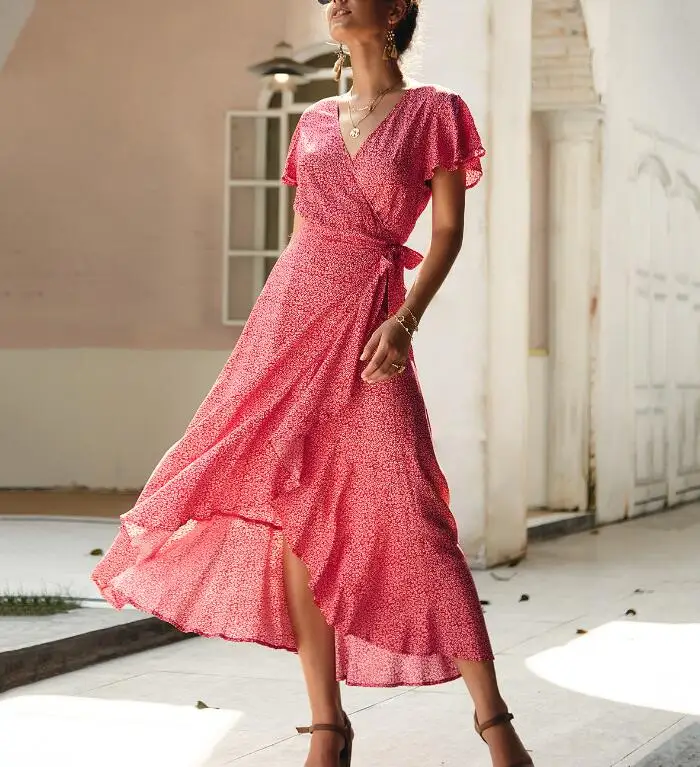 Летнее Пляжное Платье макси с V образным вырезом и коротким рукавом женское