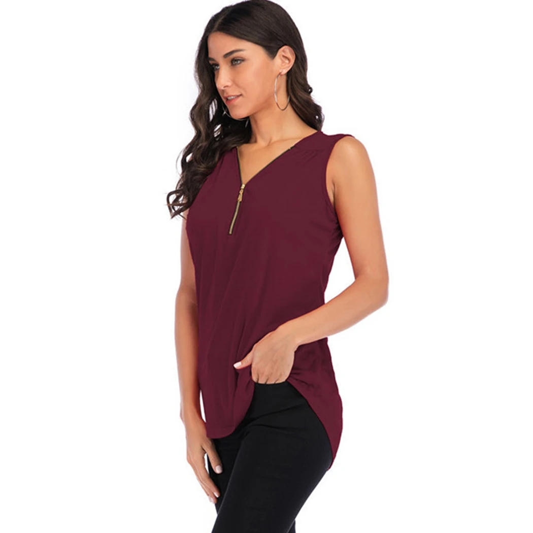 Женские топы на молнии с v образным вырезом без рукавов Летняя Повседневная