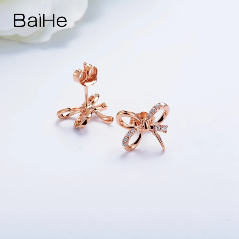 BAIHE Solid 14K розовое золото 0.14ct H/SI натуральные бриллианты обручальные модные ювелирные изделия Элегантные уникальные подарочные серьги-гвоздики с бантом