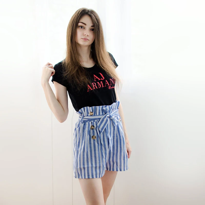 Blue High Waist Striped Sashes Shorts Women 2019 Summer Sexy Button Mini Harajuku Ladies Female|Женские шорты| |