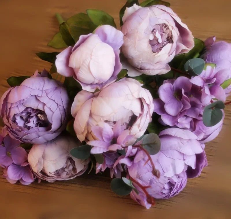 13heads light purple 1 букет, 13 голов, Искусственный Пион, Шелковый цветок, искусственные цветы, осень, яркий пион, Искусственный лист, свадебное украшение для дома, вечеринки, Рождества - Цвет: 13heads light purple