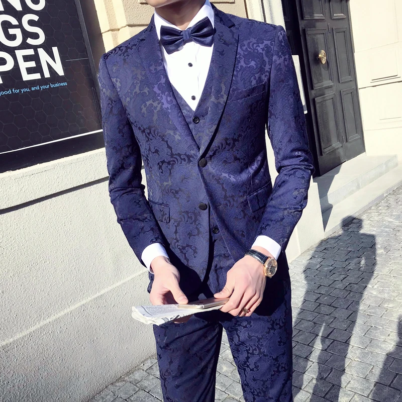 Жаккардовый костюм Q535 мужской приталенный для свадьбы ужина банкета выпускного