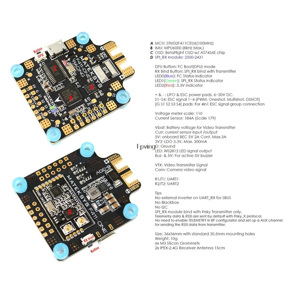 Matek System F411-One F411 F4 Flight Controller 30.5*30.5mm BetaFlight OSD 5V BEC Current Sensor For RC Models Multicopter | Игрушки и