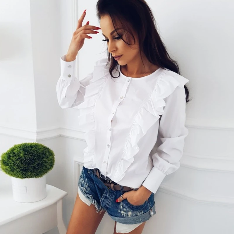 Женская рубашка с оборками и длинным рукавом круглым вырезом|long sleeves women blouse|women