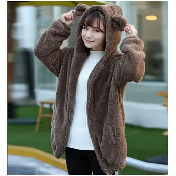 New Women Hoodies Zipper Girl Winter Loose Fluffy Bear Ear Hoodie Hooded Jacket Warm Outerwear Coat Cute Sweatshirt W1 1