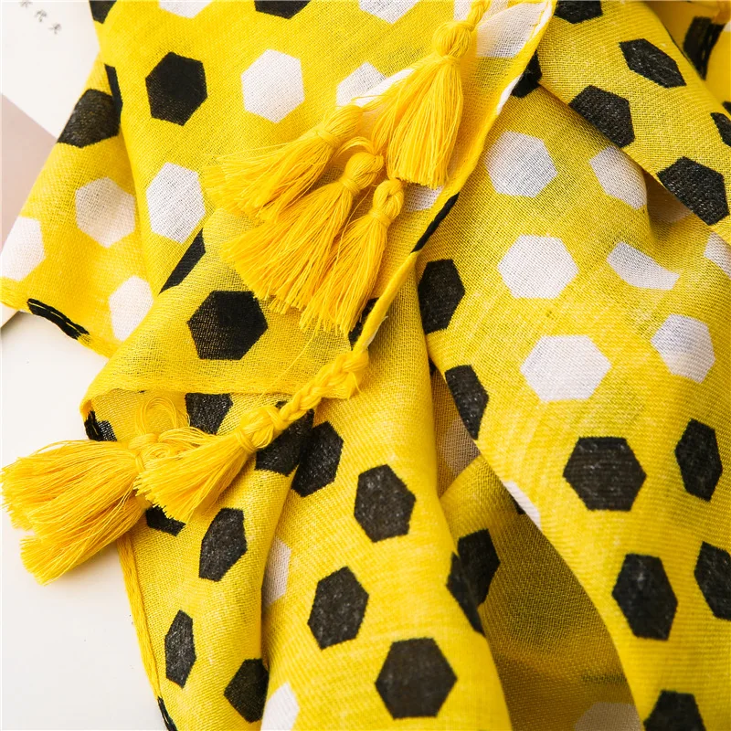 Marte&Joven Women Funny honeycomb Pattern Yellow Tassels Scarves Comfortable Spring Autumn Winter Warm Shawl Stole Female Hijab