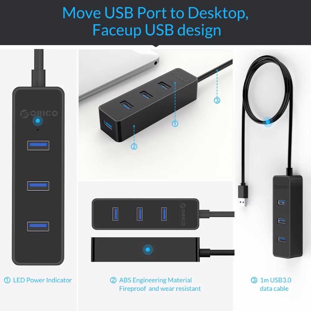 ORICO W5PH4 4 Порты и разъёмы USB 3,0 хаб для ноутбука/ультрабук с VL812 Чипсет новое обновление белый Портативный-черный/белый