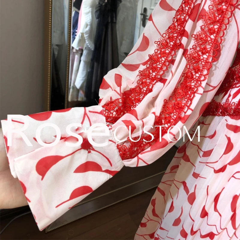 Red RoosaRosee Подиум женское летнее Красное Кружевное сексуальное платье с цветочным принтом и v-образным вырезом, длинное платье макси для праздников и вечеринок vestidos Femme
