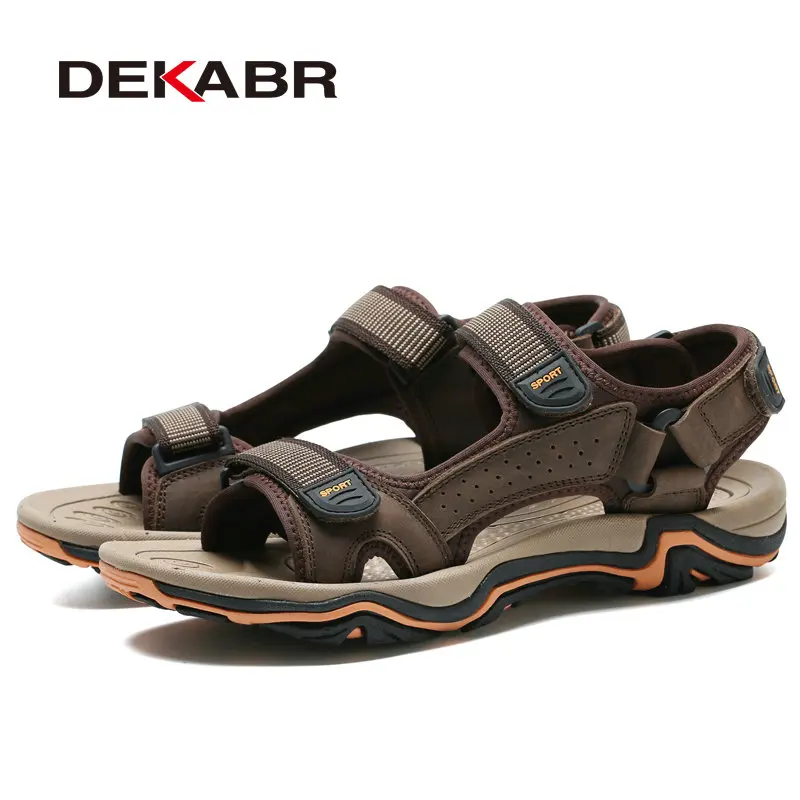 Dark Brown Мужские летние нескользящие сандалии DEKABR, темно-серая мягкая удобная обувь из натуральной кожи, модная повседневная обувь, размеры 39-45 - Цвет: Dark Brown