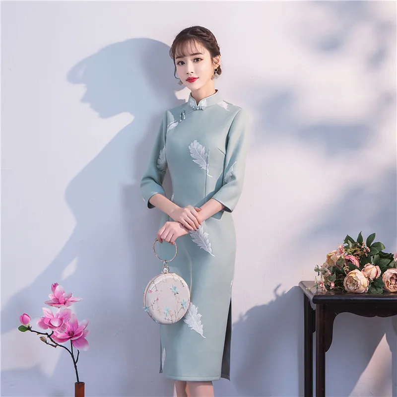 Элегантный Для женщин воротник-стойка Тонкий Cheongsam традиционно высокое Разделение тонкий Qipao Vestidos благородный офис платье в деловом стиле Размеры M-3XL