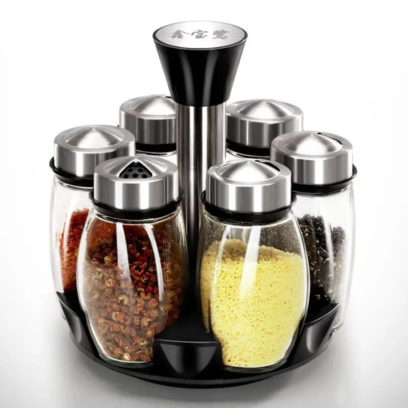 

Rotating Glass Seasoning Box Set Seasoning Jar Kitchen 7 Piece
