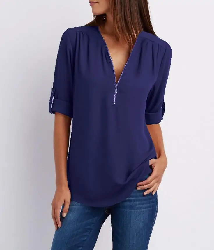 16 Blusas mujer de moda, рубашка с длинным рукавом и v-образным вырезом, Элегантная блузка, шифоновая Женская Коллекция nouvelle, с украшением на молнии - Цвет: 16