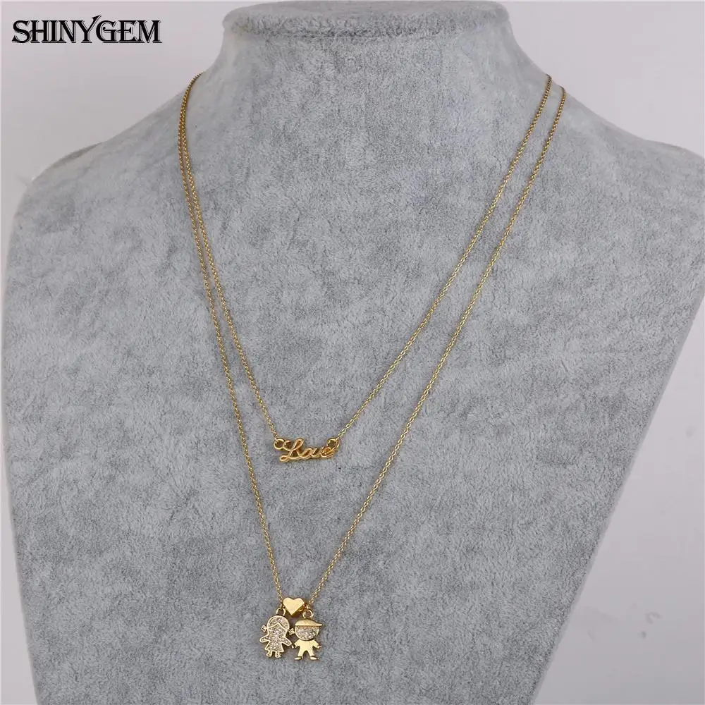 Женское Двухслойное ожерелье ShinyGem золотое в форме сердца с сердечком и цирконием