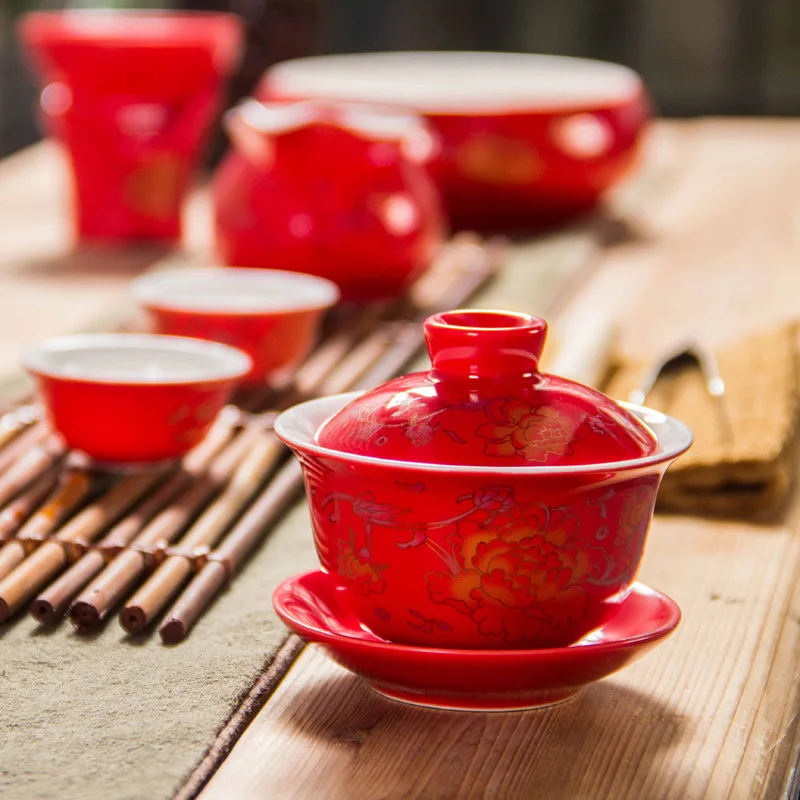 Керамический чайный сервиз Gaiwan с красным драконом, чайный сервиз, фарфоровая чаша gai wan, чашка для чая кунг-фу, чайный набор с ручной росписью