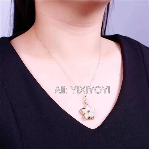 

Real 925 Silver White Green HeTian Jade Beads Inlay Star Flower Design Lucky Pendant + Chain Necklace Fine Jewelry Certificate