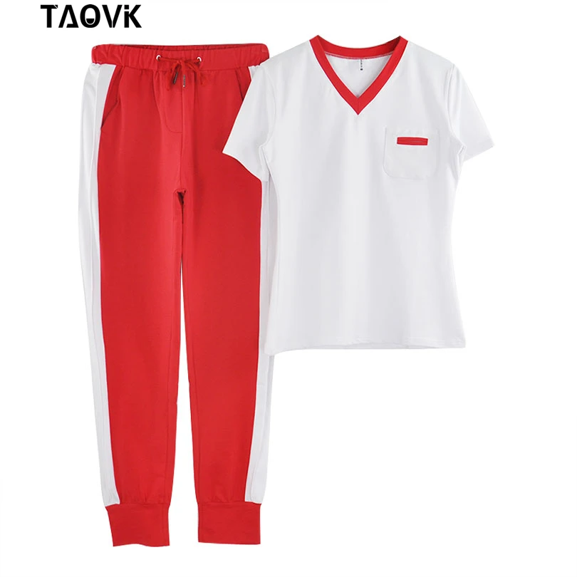TAOVK женский спортивный костюм из 2 предметов, толстовки с коротким рукавом, футболка+ штаны с эластичной резинкой на талии, комплекты летней одежды, повседневные спортивные костюмы - Цвет: Red