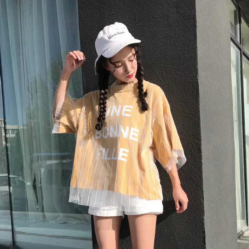 Parollada корейской моды письмо печати сетки Футболка harajuku Стиль Лоскутная футболка